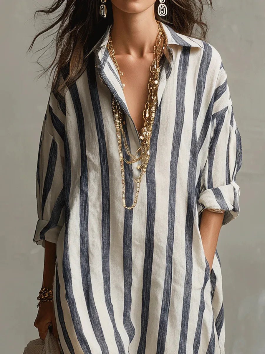 Astrid | Kvinne Boho Oversized Stripete Lin Maxi Skjortekjole