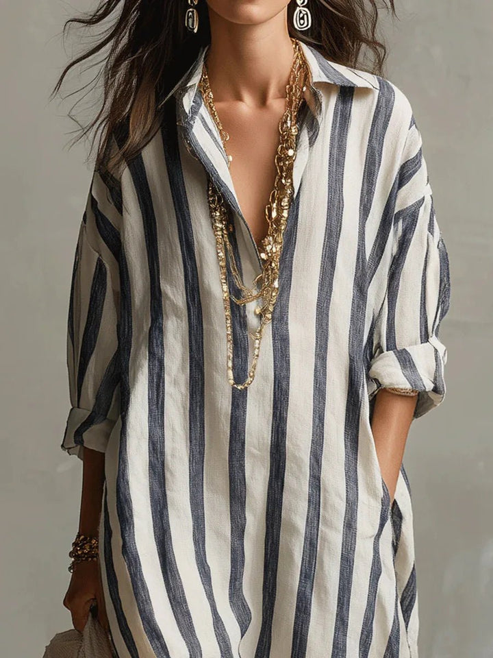 Astrid | Kvinne Boho Oversized Stripete Lin Maxi Skjortekjole