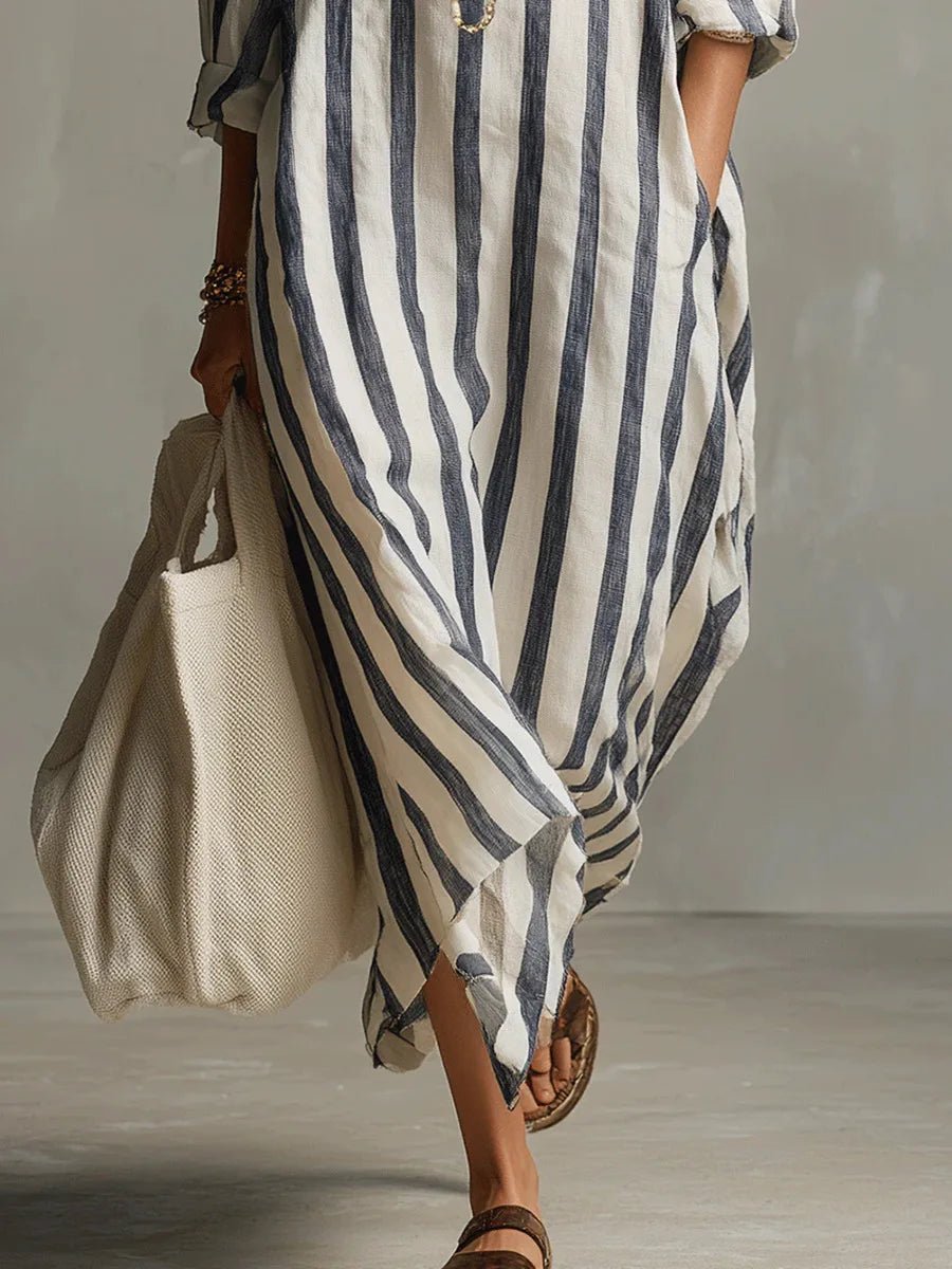 Astrid | Kvinne Boho Oversized Stripete Lin Maxi Skjortekjole