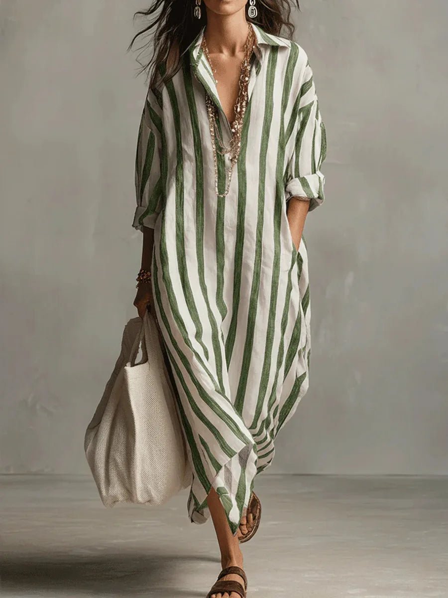 Astrid | Kvinne Boho Oversized Stripete Lin Maxi Skjortekjole