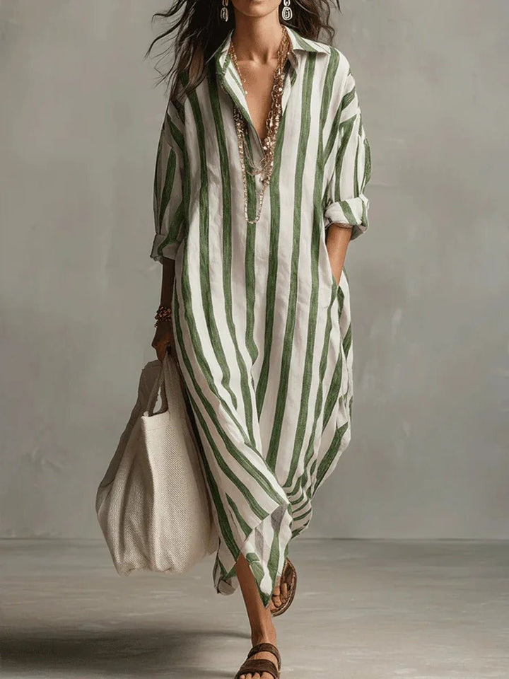 Astrid | Kvinne Boho Oversized Stripete Lin Maxi Skjortekjole