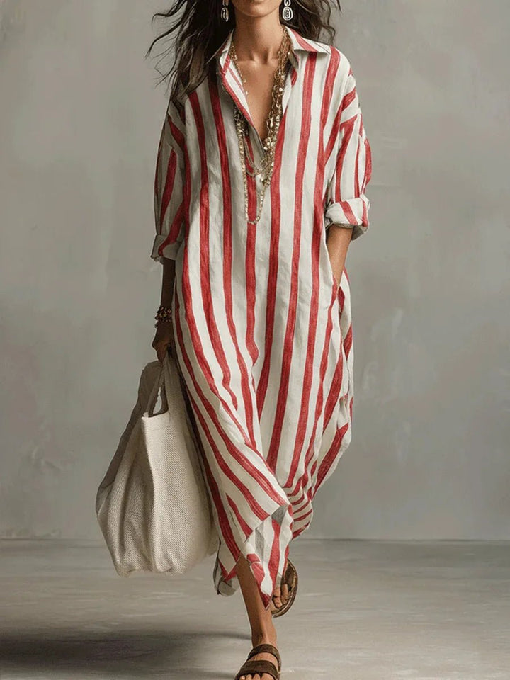 Astrid | Kvinne Boho Oversized Stripete Lin Maxi Skjortekjole
