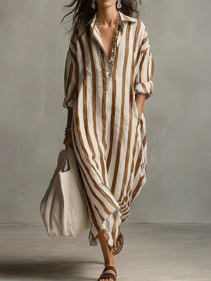 Astrid | Kvinne Boho Oversized Stripete Lin Maxi Skjortekjole