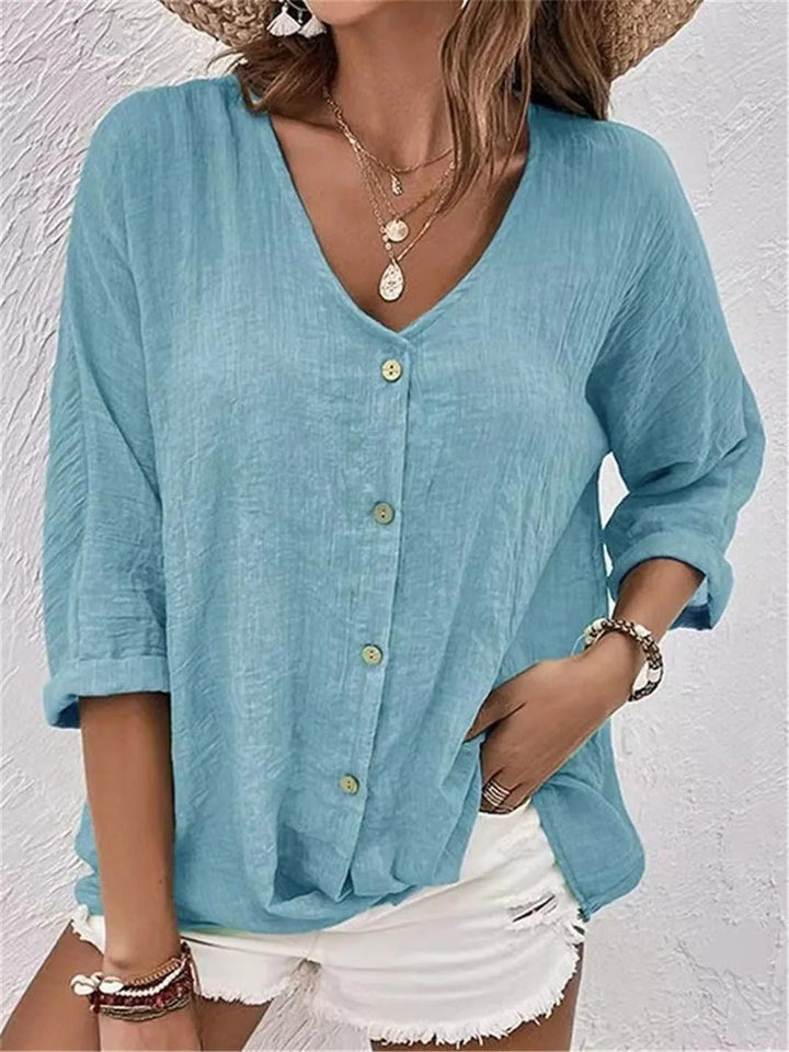 Sofia | Kvinne Kato V-hals Bluse med Trekvart Ermer Casual