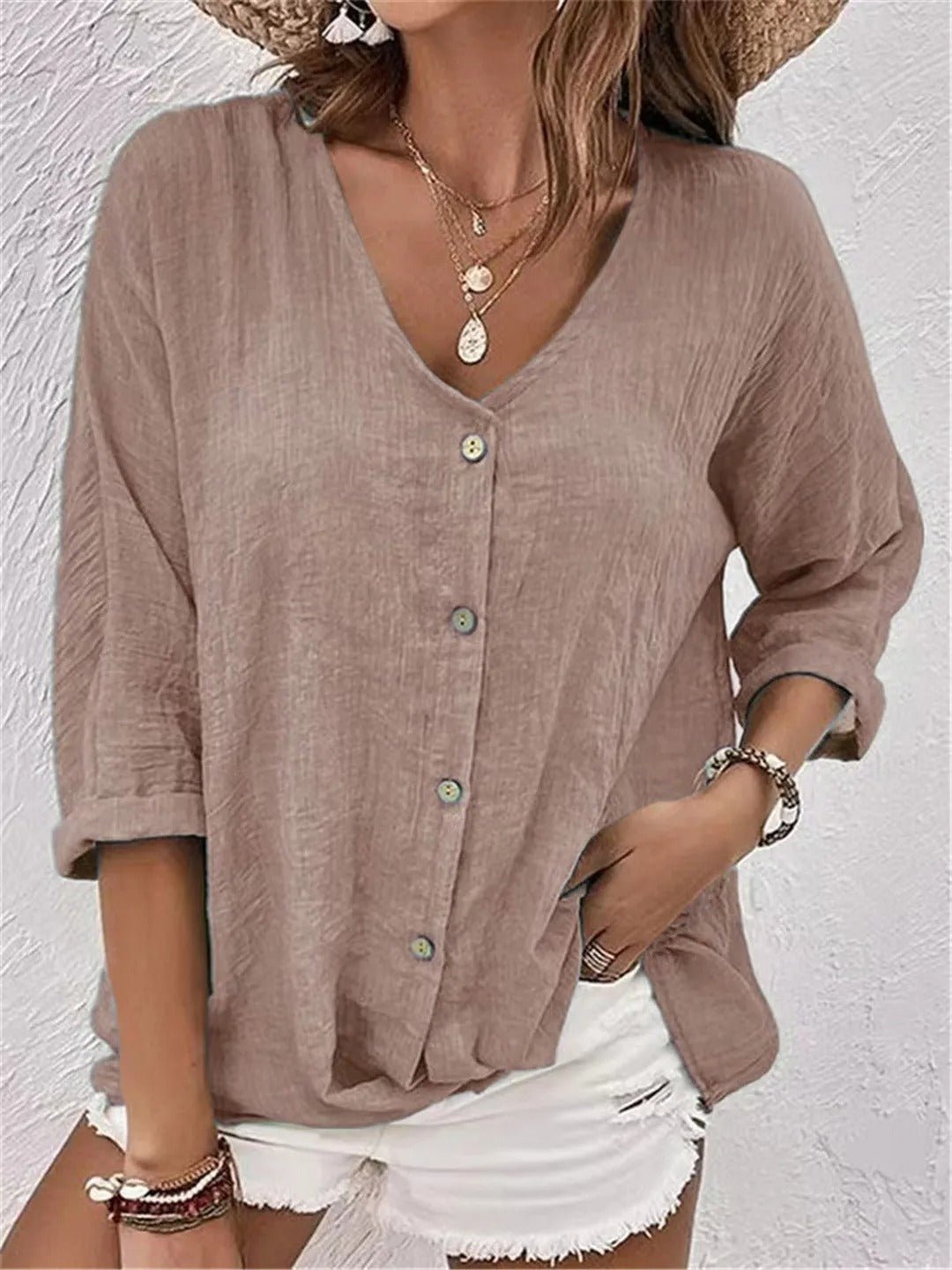 Sofia | Kvinne Kato V-hals Bluse med Trekvart Ermer Casual