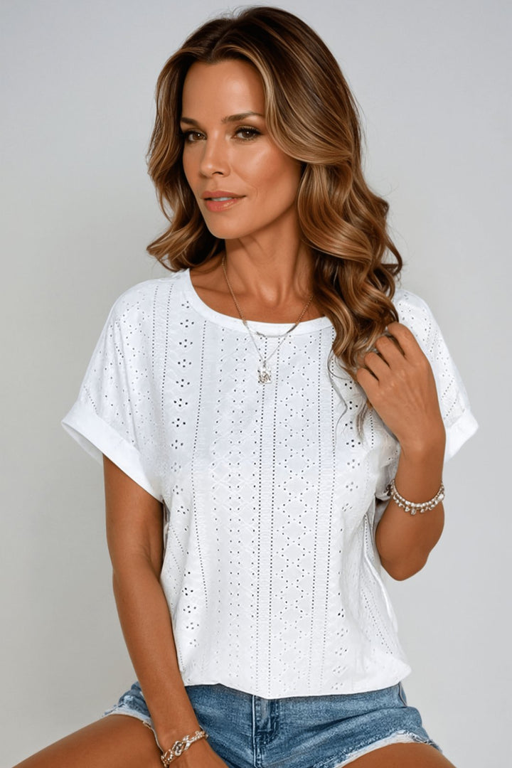Laura | Kvinne Cotton Bluse Kort Erme Rund Hals Hullmønster