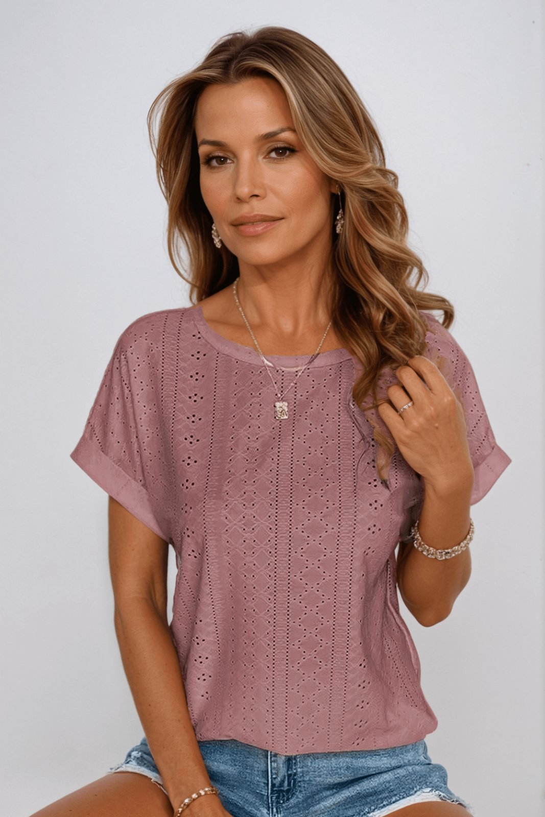 Laura | Kvinne Cotton Bluse Kort Erme Rund Hals Hullmønster