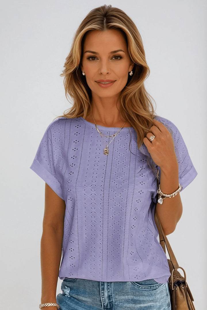 Laura | Kvinne Cotton Bluse Kort Erme Rund Hals Hullmønster