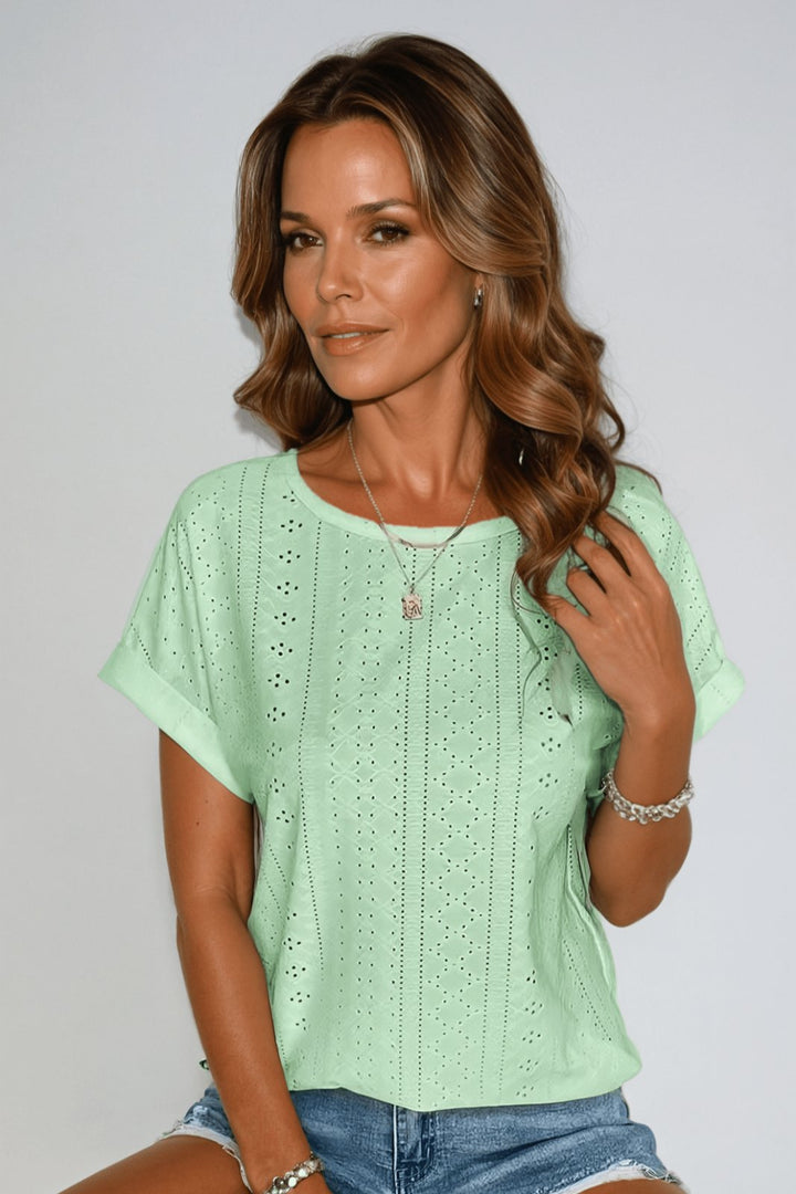 Laura | Kvinne Cotton Bluse Kort Erme Rund Hals Hullmønster