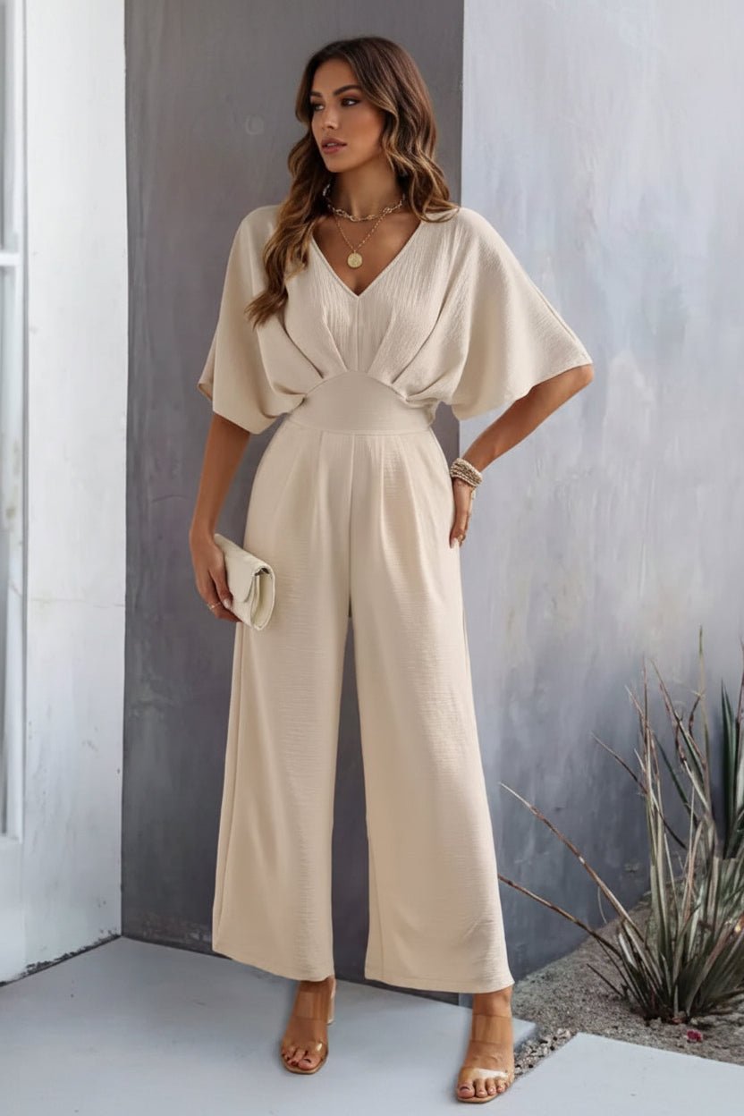Astrid | Kvinne Wide Leg V-Hals Batwing Sleeve Jumpsuit Høy Midje