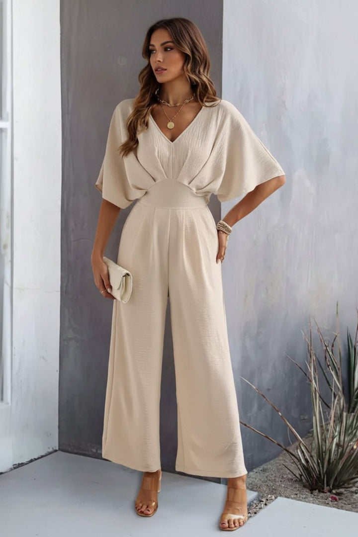 Astrid | Kvinne Wide Leg V-Hals Batwing Sleeve Jumpsuit Høy Midje