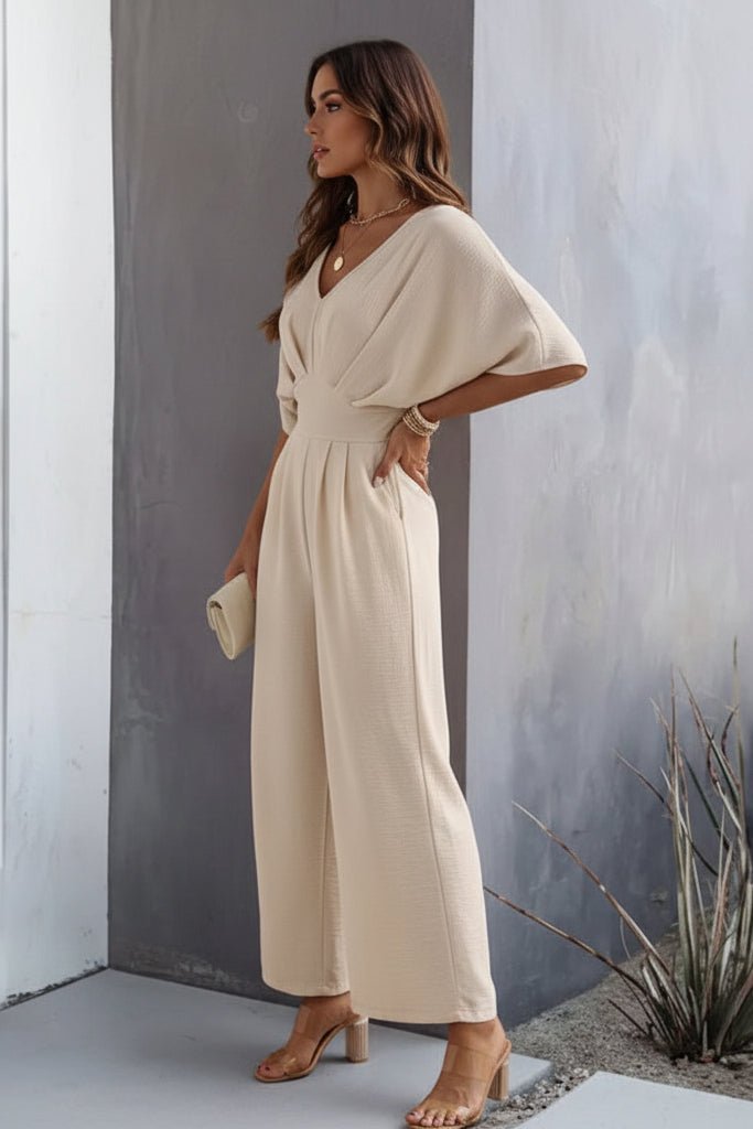 Astrid | Kvinne Wide Leg V-Hals Batwing Sleeve Jumpsuit Høy Midje