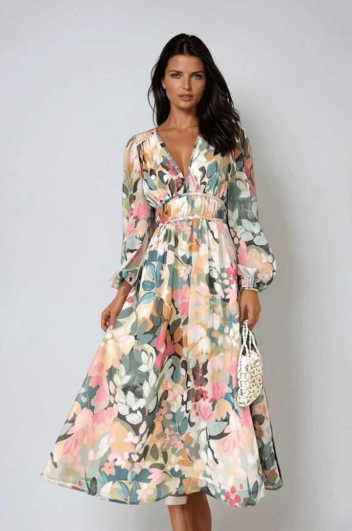 Karla | Kvinne Chiffon Blomster Puff Sleeve V-Hals Midi Kjole