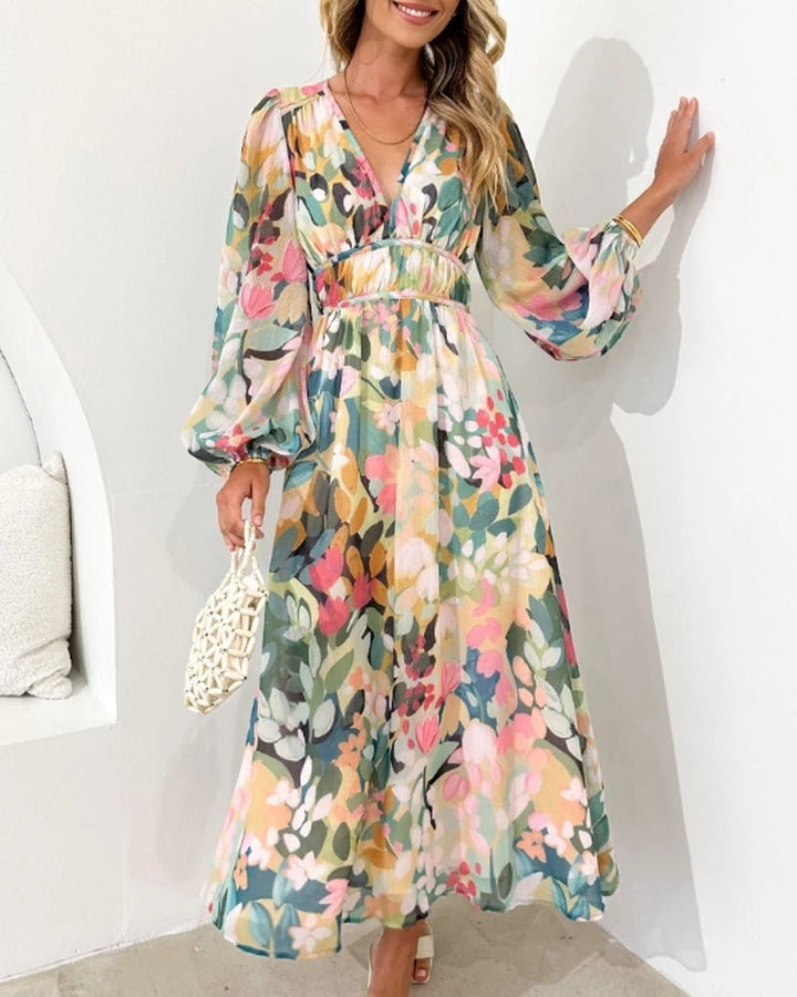 Karla | Kvinne Chiffon Blomster Puff Sleeve V-Hals Midi Kjole