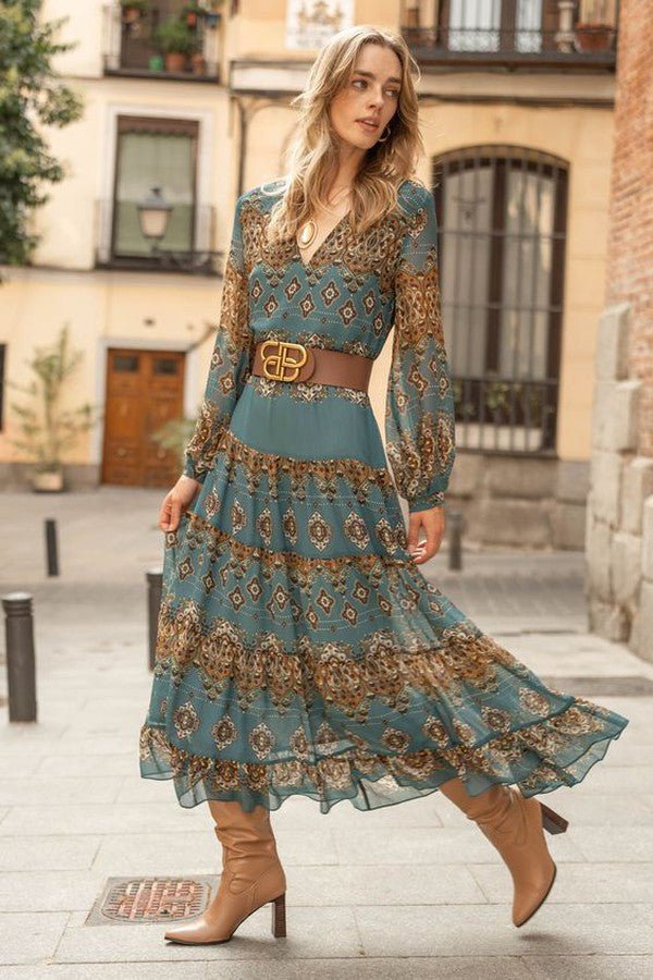 Olivia | Kvinne Chiffon Boho Medallion Puff Sleeve Lagdelt Kjole