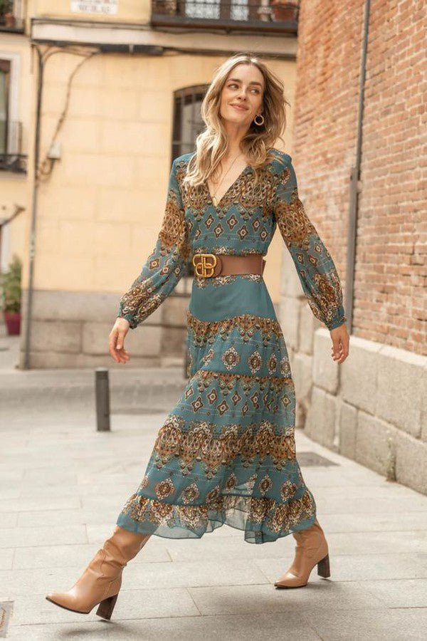 Olivia | Kvinne Chiffon Boho Medallion Puff Sleeve Lagdelt Kjole