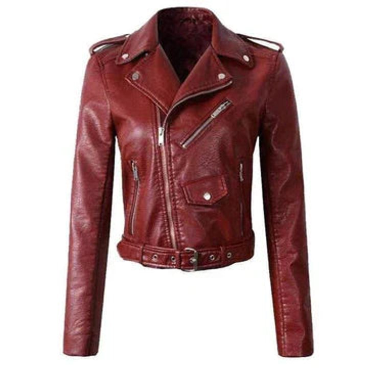 Sofia | Kvinne Cropped Biker Skinnjakke med Glidelåsbelte