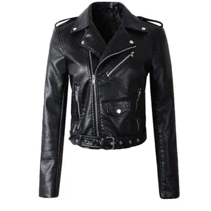 Sofia | Kvinne Cropped Biker Skinnjakke med Glidelåsbelte