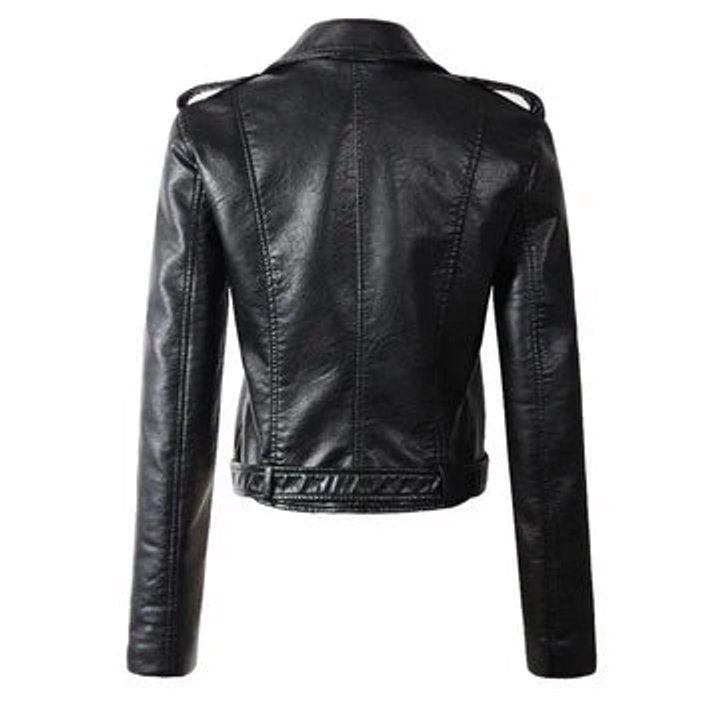 Sofia | Kvinne Cropped Biker Skinnjakke med Glidelåsbelte