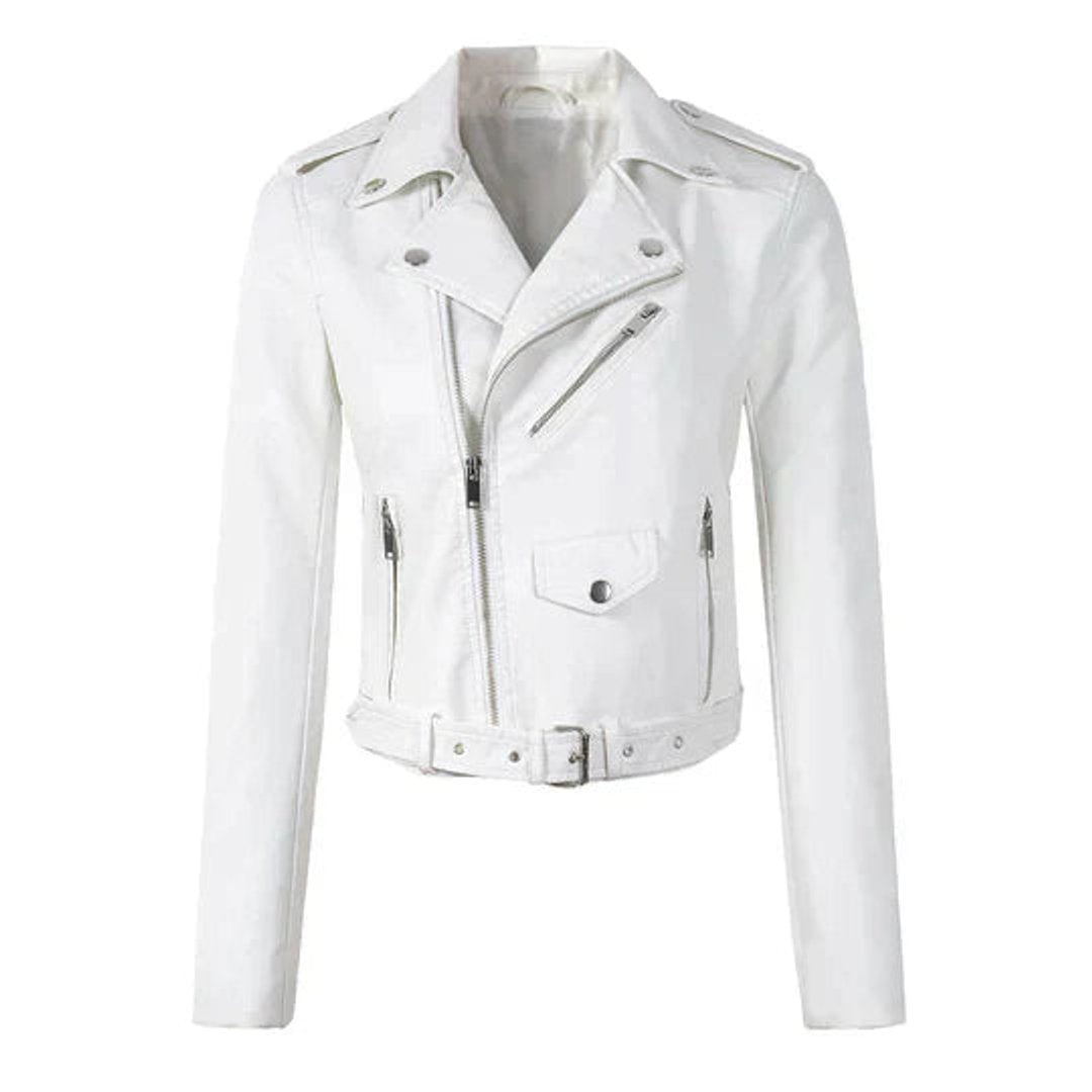 Sofia | Kvinne Cropped Biker Skinnjakke med Glidelåsbelte