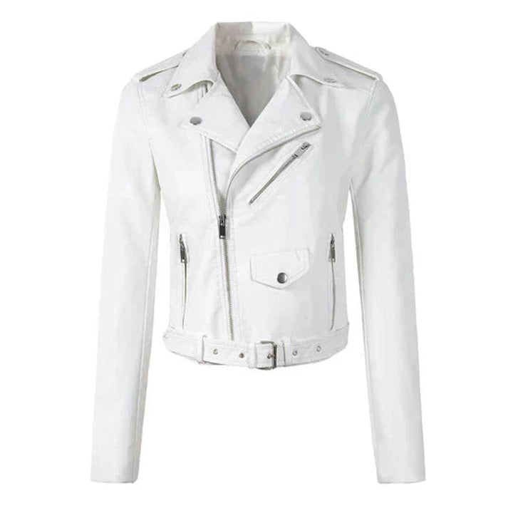 Sofia | Kvinne Cropped Biker Skinnjakke med Glidelåsbelte