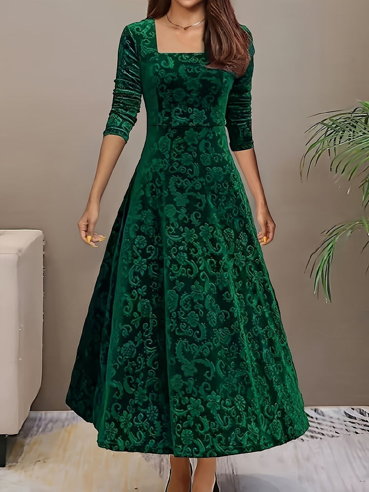 Mathilde | Kvinne Elegant Fløyelskjole A-linje Square Neck Blomsterrelieff