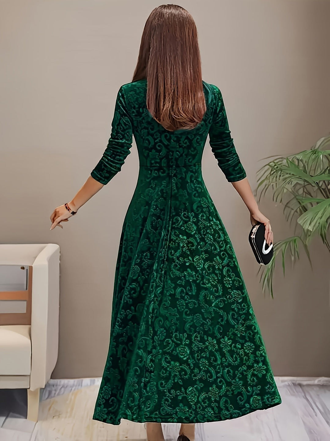 Mathilde | Kvinne Elegant Fløyelskjole A-linje Square Neck Blomsterrelieff