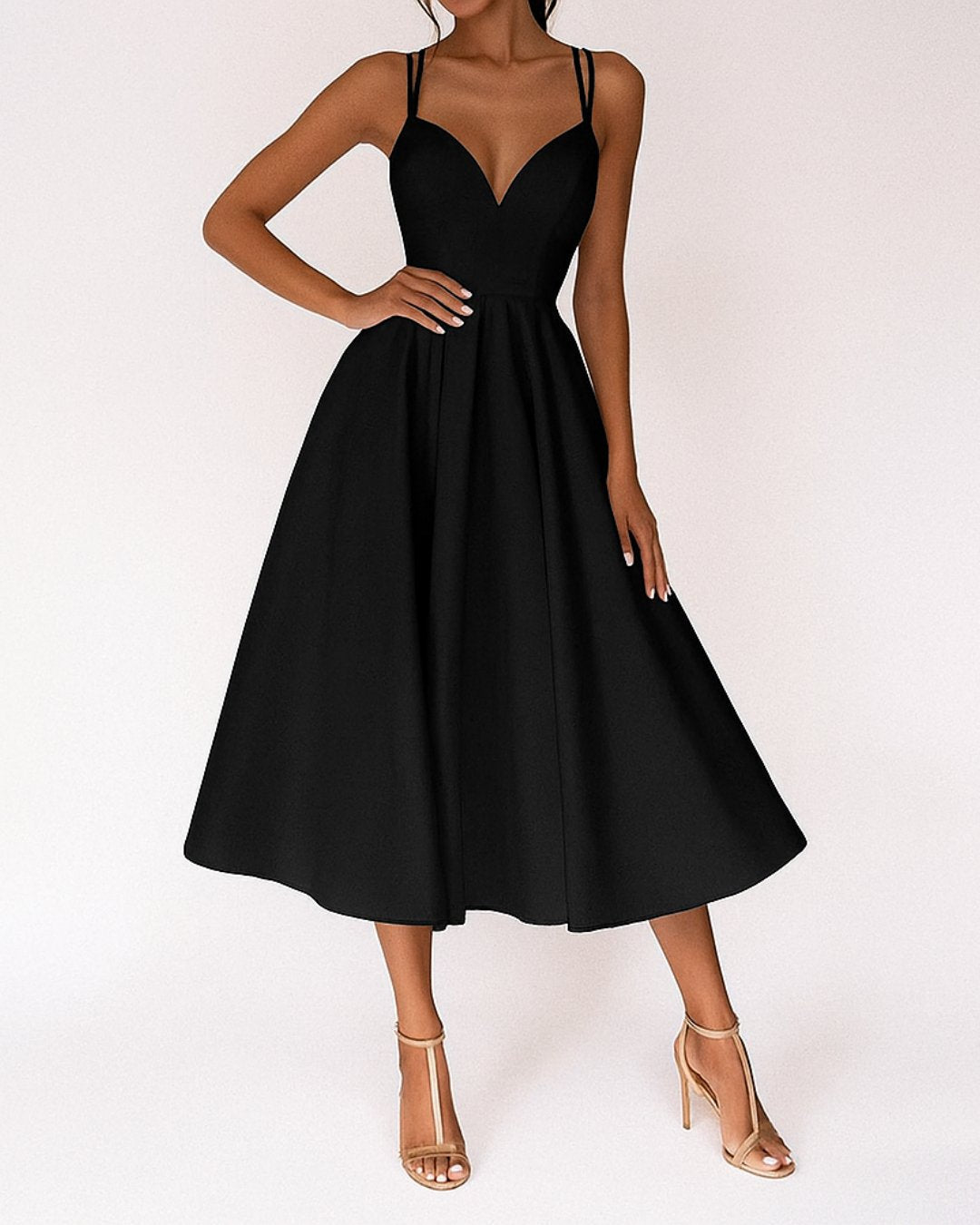 Emma | Elegant Midi Kjole med Spagetti Stropper for Bryllupsgjester