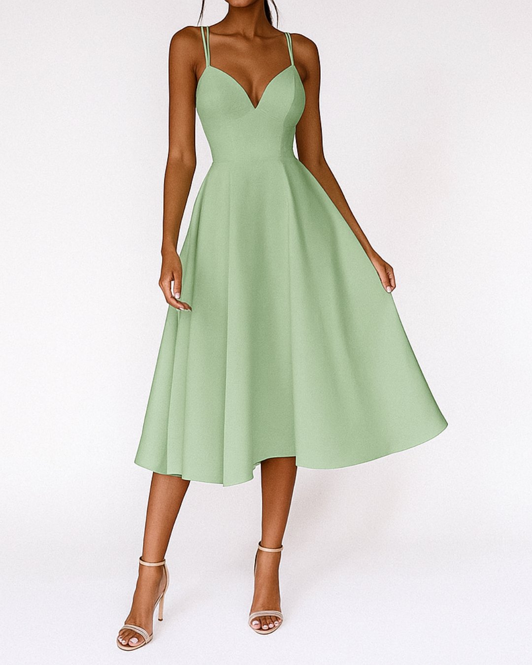 Emma | Elegant Midi Kjole med Spagetti Stropper for Bryllupsgjester