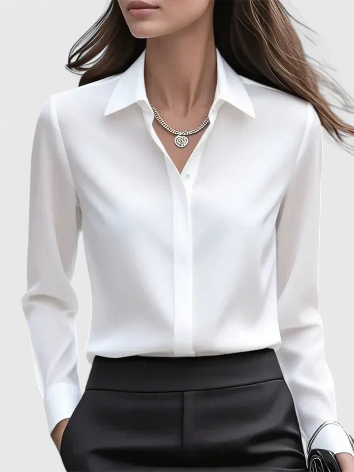 Isabella | Kvinne Elegant Sateng Bluse med Skjult Knapplukking Lange Ermer