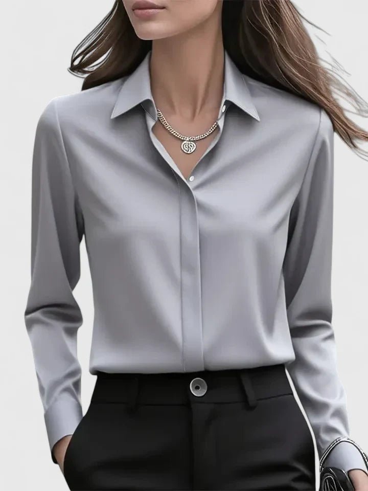 Isabella | Kvinne Elegant Sateng Bluse med Skjult Knapplukking Lange Ermer