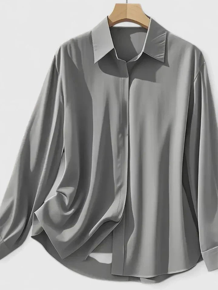 Isabella | Kvinne Elegant Sateng Bluse med Skjult Knapplukking Lange Ermer