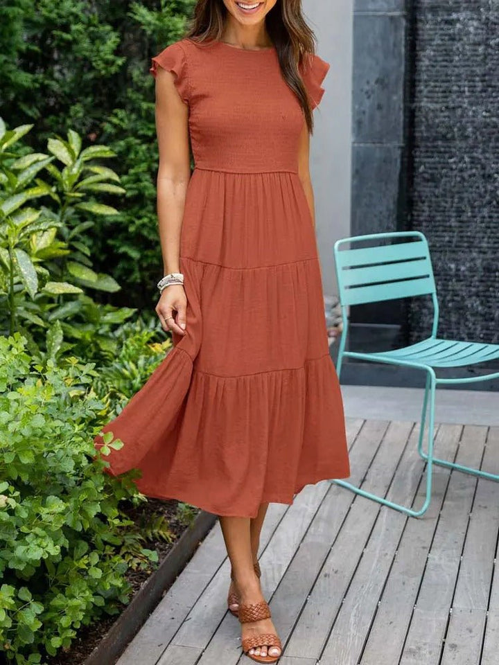 Mathilde | Elegant Terrakotta Midi Kjole med Volanger