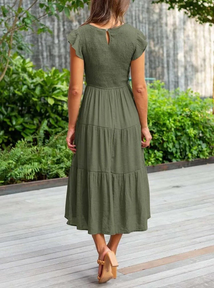 Mathilde | Elegant Terrakotta Midi Kjole med Volanger