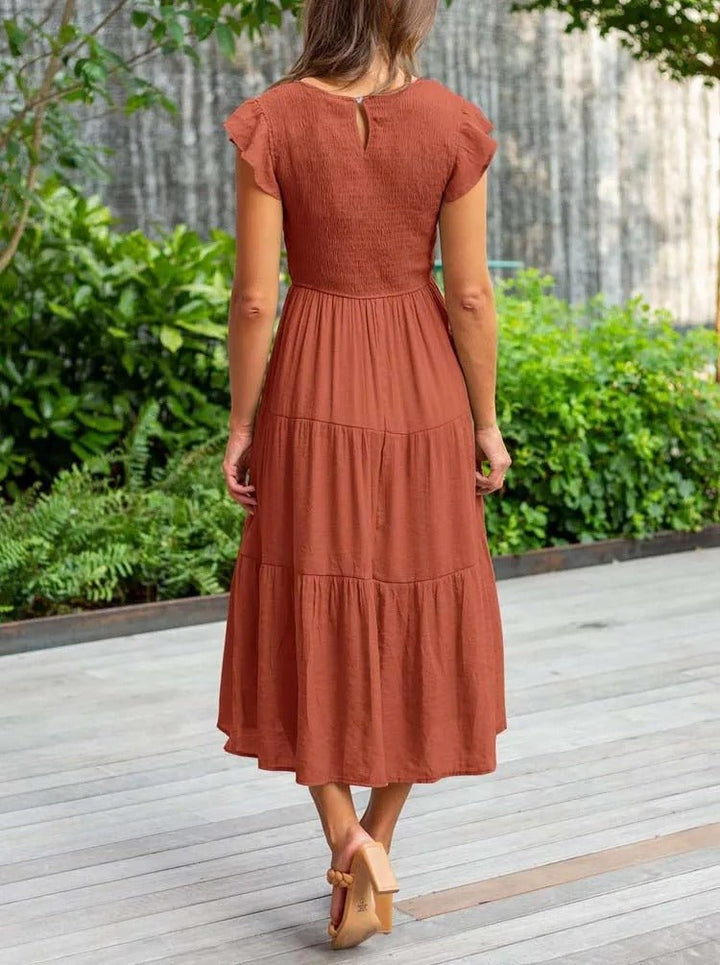 Mathilde | Elegant Terrakotta Midi Kjole med Volanger