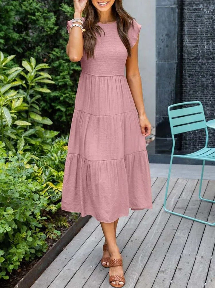 Mathilde | Elegant Terrakotta Midi Kjole med Volanger