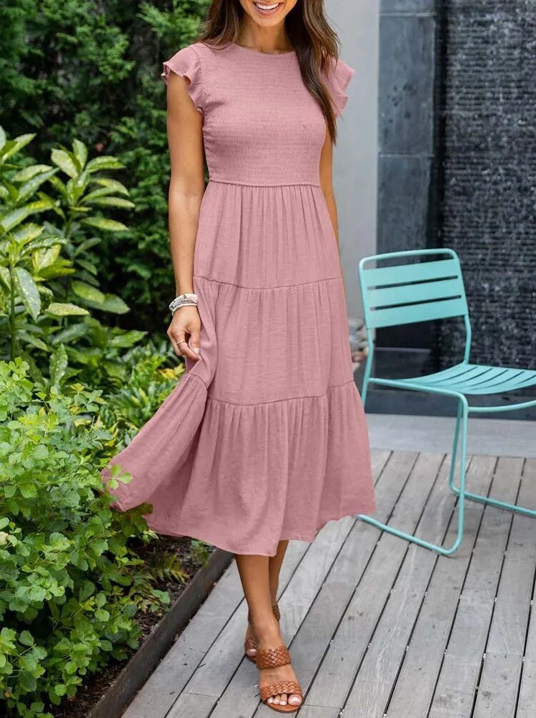 Mathilde | Elegant Terrakotta Midi Kjole med Volanger