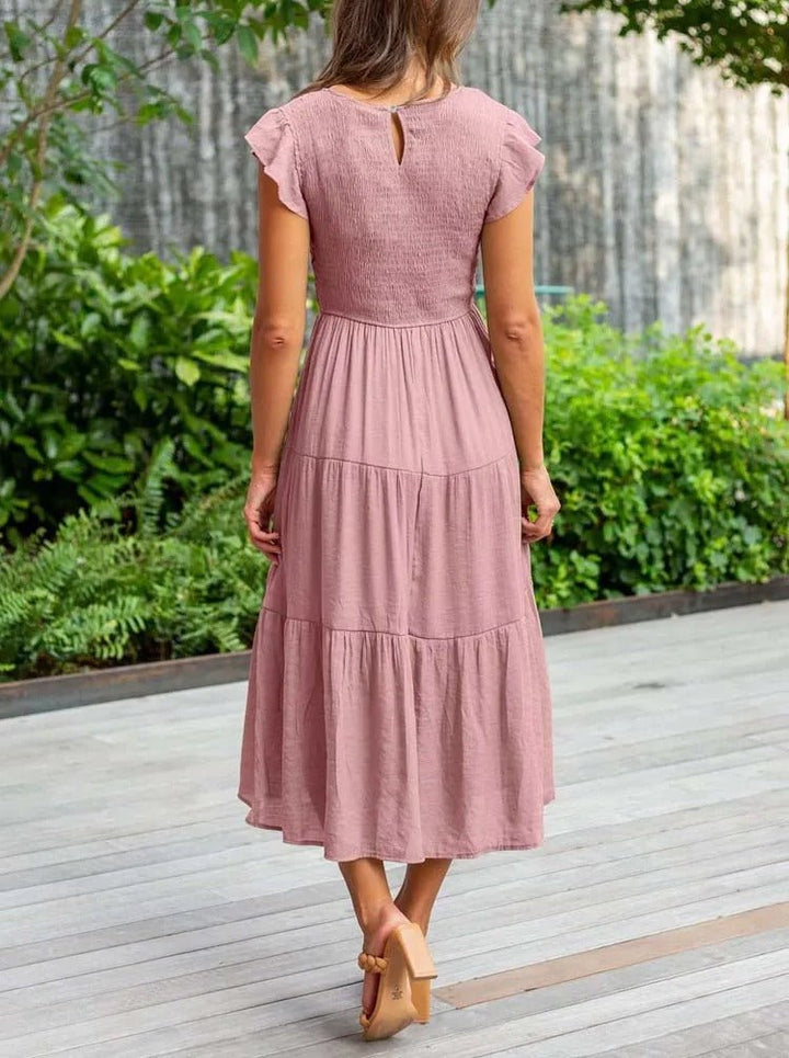 Mathilde | Elegant Terrakotta Midi Kjole med Volanger
