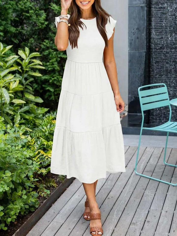 Mathilde | Elegant Terrakotta Midi Kjole med Volanger