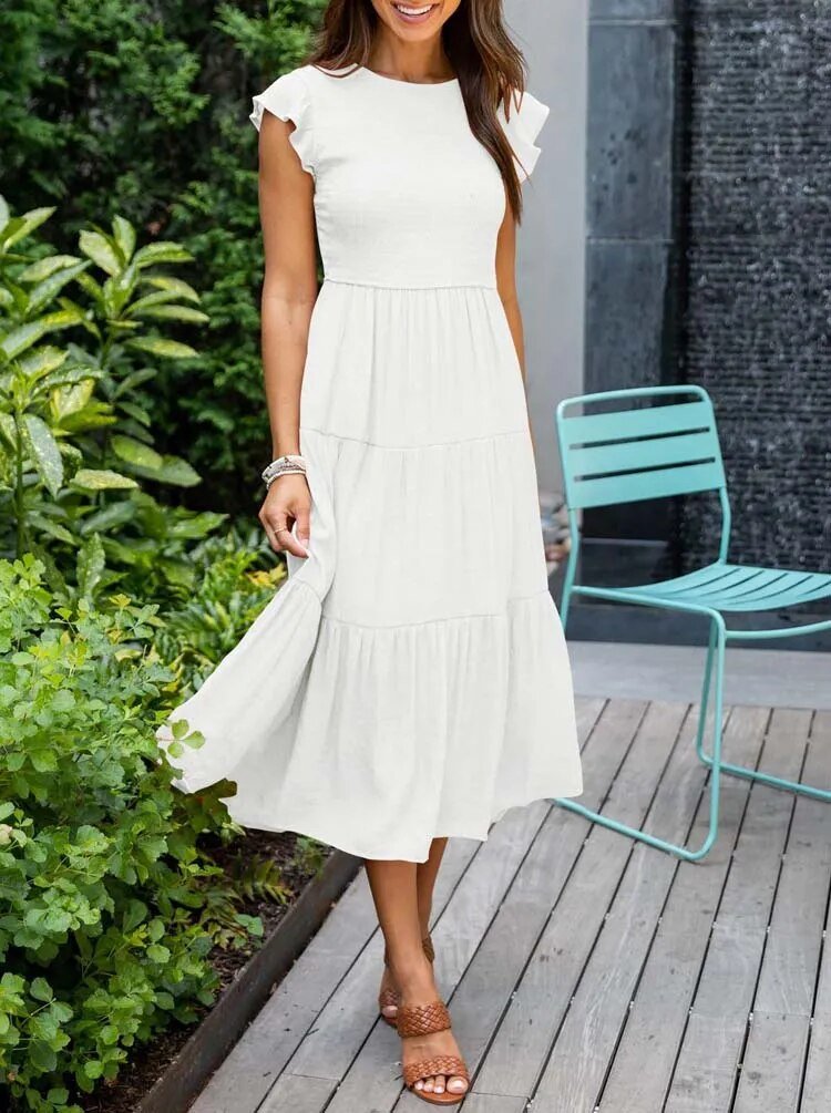Mathilde | Elegant Terrakotta Midi Kjole med Volanger