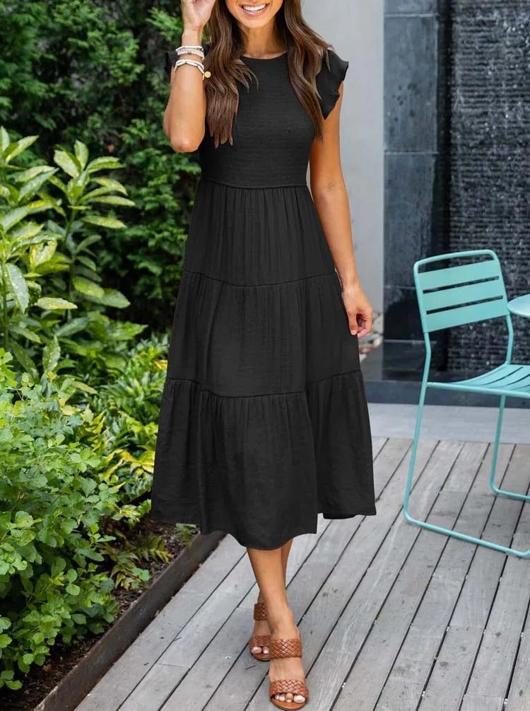 Mathilde | Elegant Terrakotta Midi Kjole med Volanger