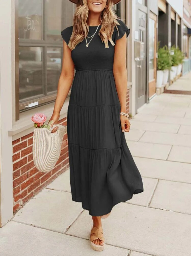 Mathilde | Elegant Terrakotta Midi Kjole med Volanger