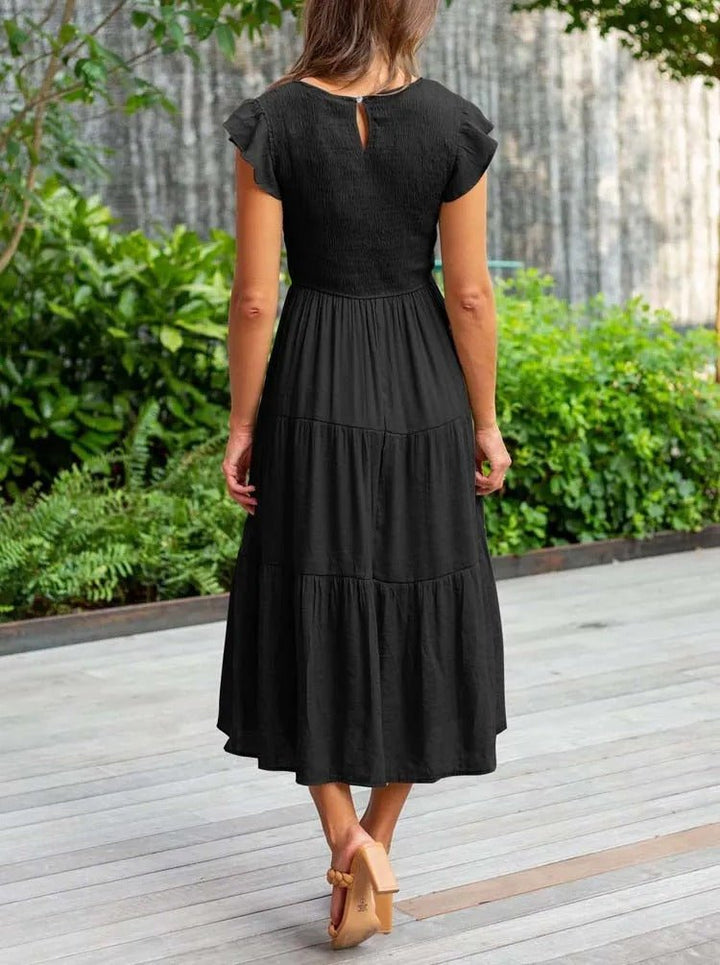 Mathilde | Elegant Terrakotta Midi Kjole med Volanger