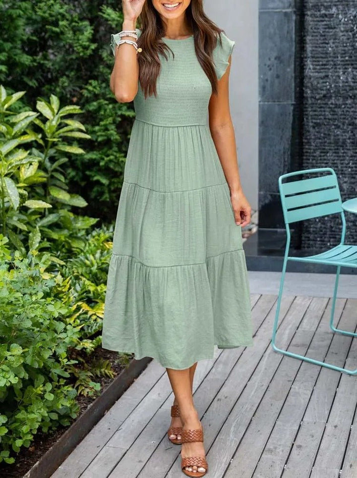 Mathilde | Elegant Terrakotta Midi Kjole med Volanger