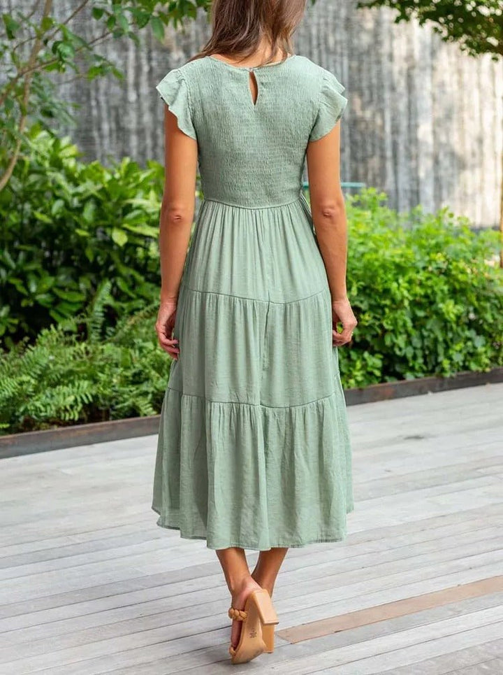 Mathilde | Elegant Terrakotta Midi Kjole med Volanger