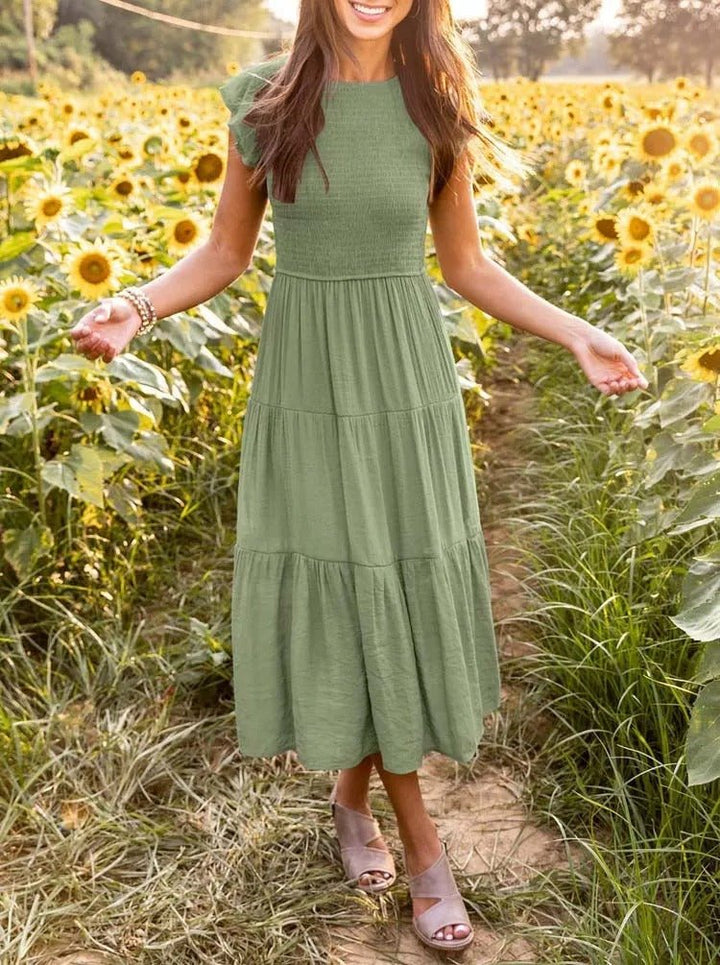 Mathilde | Elegant Terrakotta Midi Kjole med Volanger