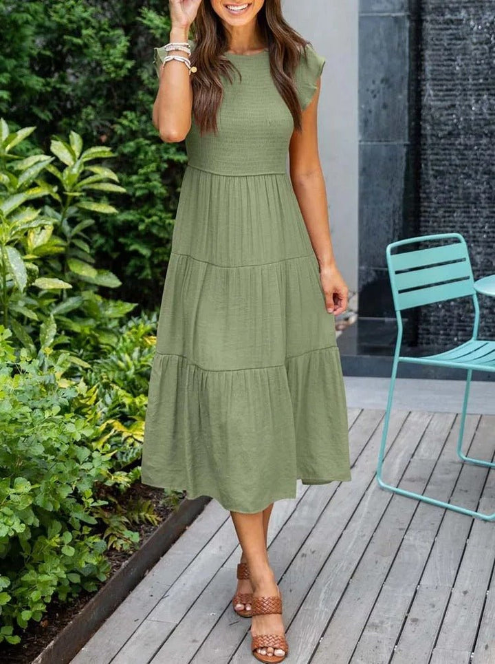 Mathilde | Elegant Terrakotta Midi Kjole med Volanger