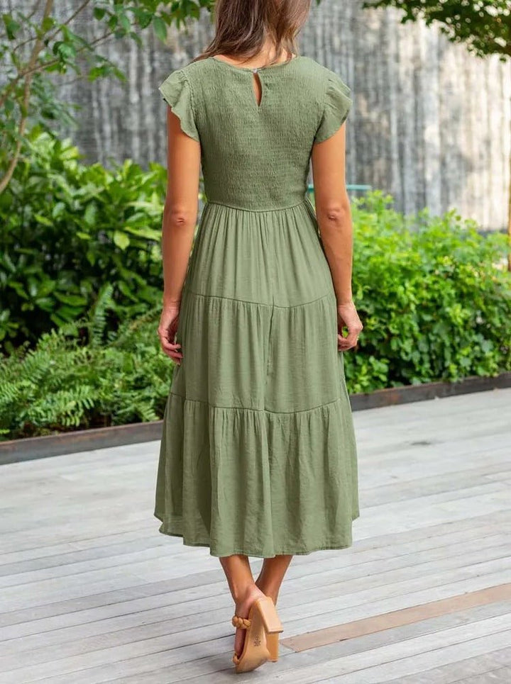 Mathilde | Elegant Terrakotta Midi Kjole med Volanger