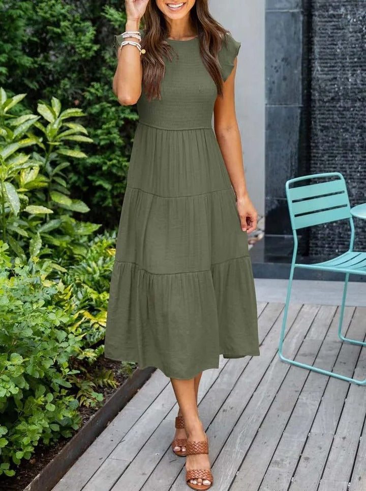 Mathilde | Elegant Terrakotta Midi Kjole med Volanger
