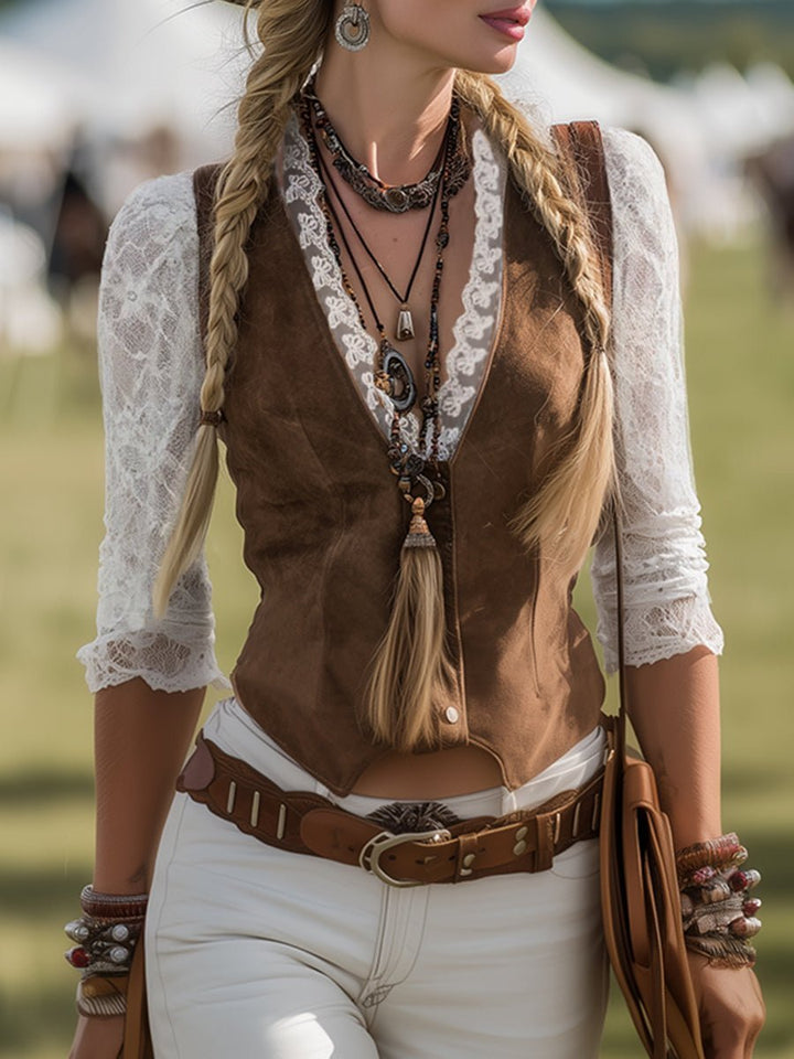 Laura | Damens Fitted Western Bluse med Blondeermer, Dyp V-Hals, Trykknapper